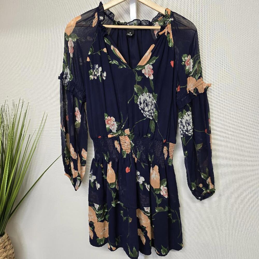 Club Monaco Navy Blue Floral Smocked Waist Ruffle Mini Dress Size 00 Womens